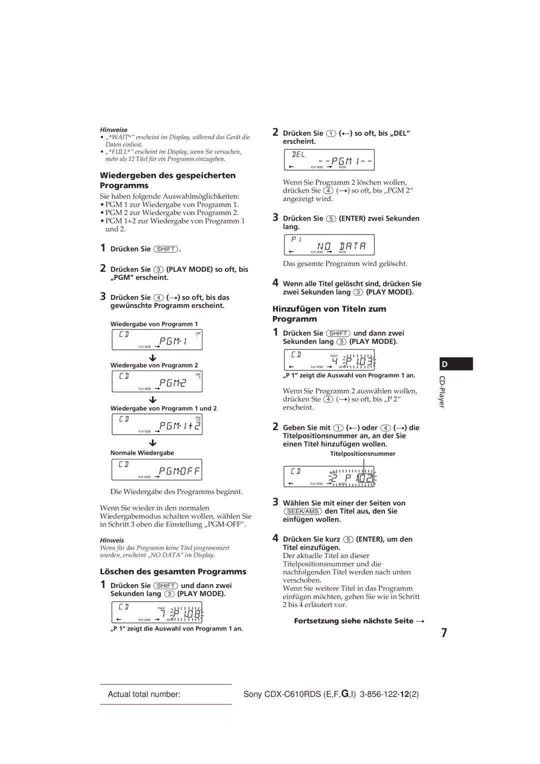 Sony CDX-C610RDS manual Wiedergeben des gespeicherten Programms, Löschen des gesamten Programms 