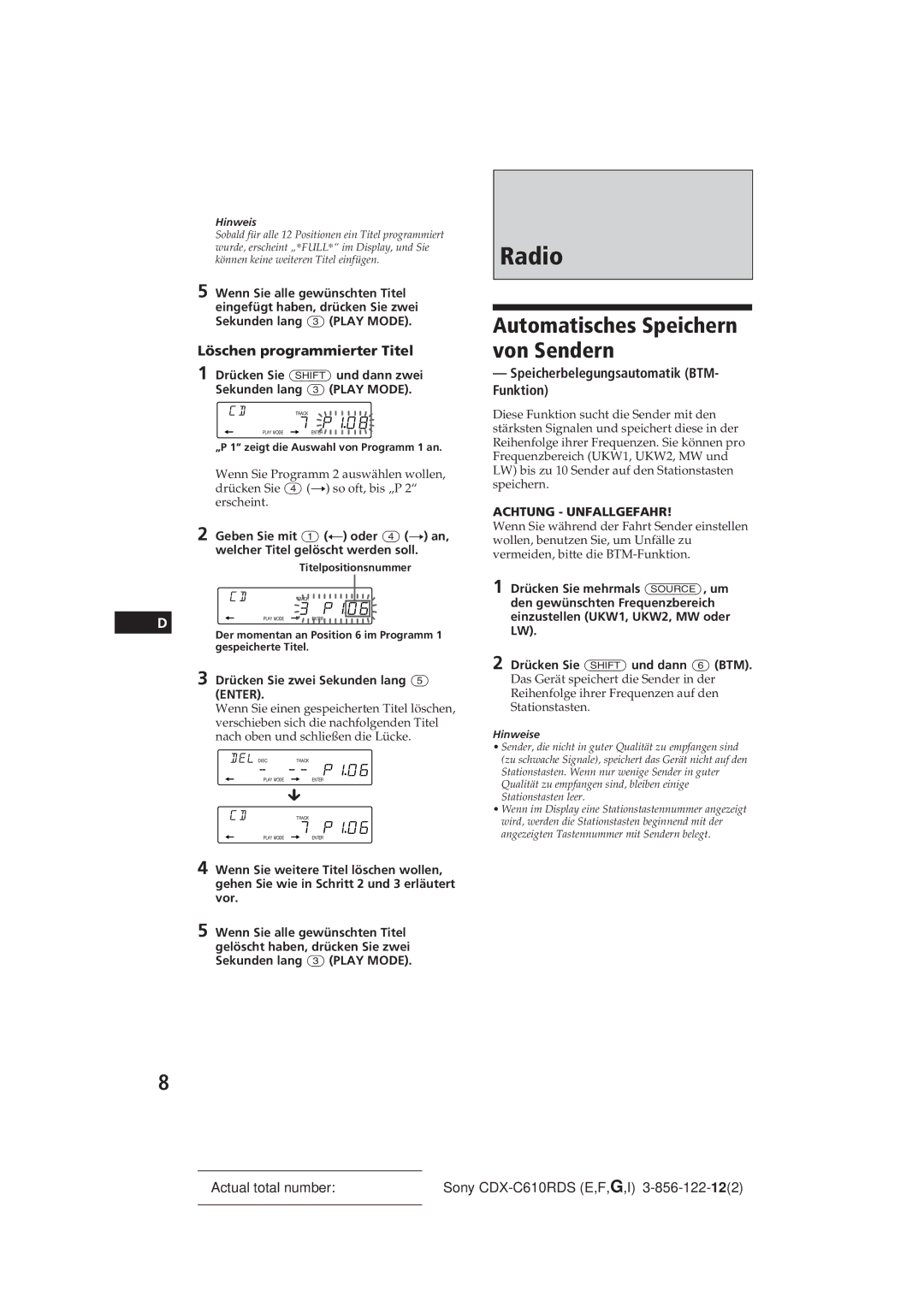 Sony CDX-C610RDS manual Automatisches Speichern von Sendern, Löschen programmierter Titel, Drücken Sie zwei Sekunden lang 