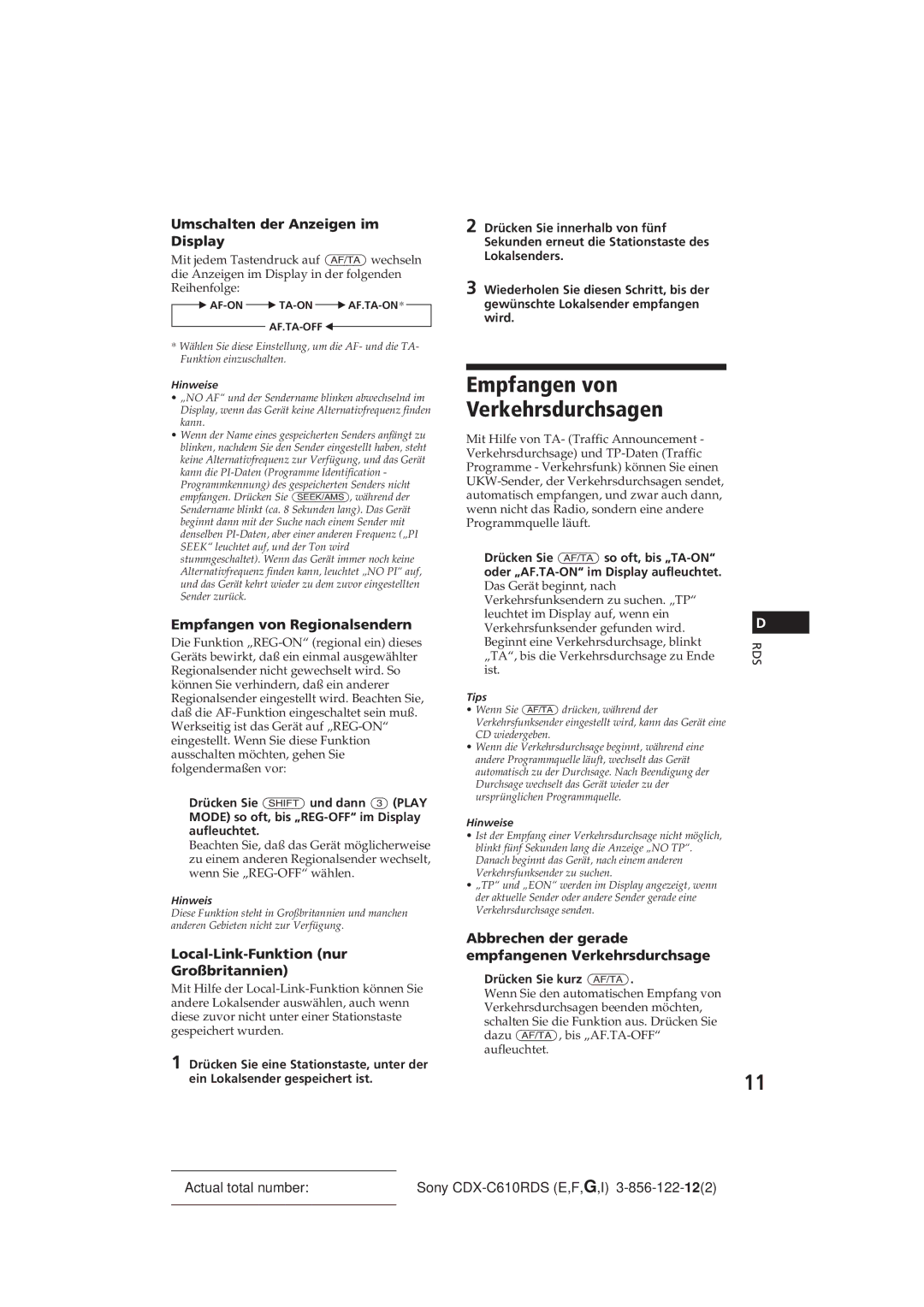 Sony CDX-C610RDS Empfangen von Verkehrsdurchsagen, Empfangen von Regionalsendern, Local-Link-Funktion nur Großbritannien 