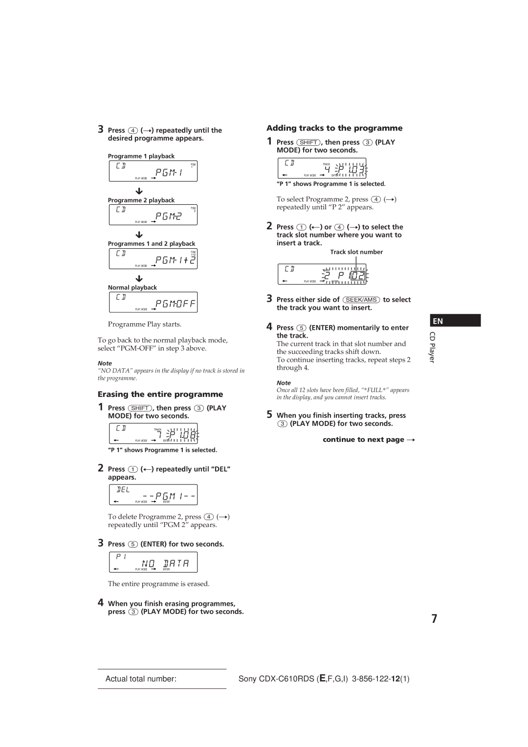 Sony CDX-C610RDS manual Erasing the entire programme, Adding tracks to the programme 