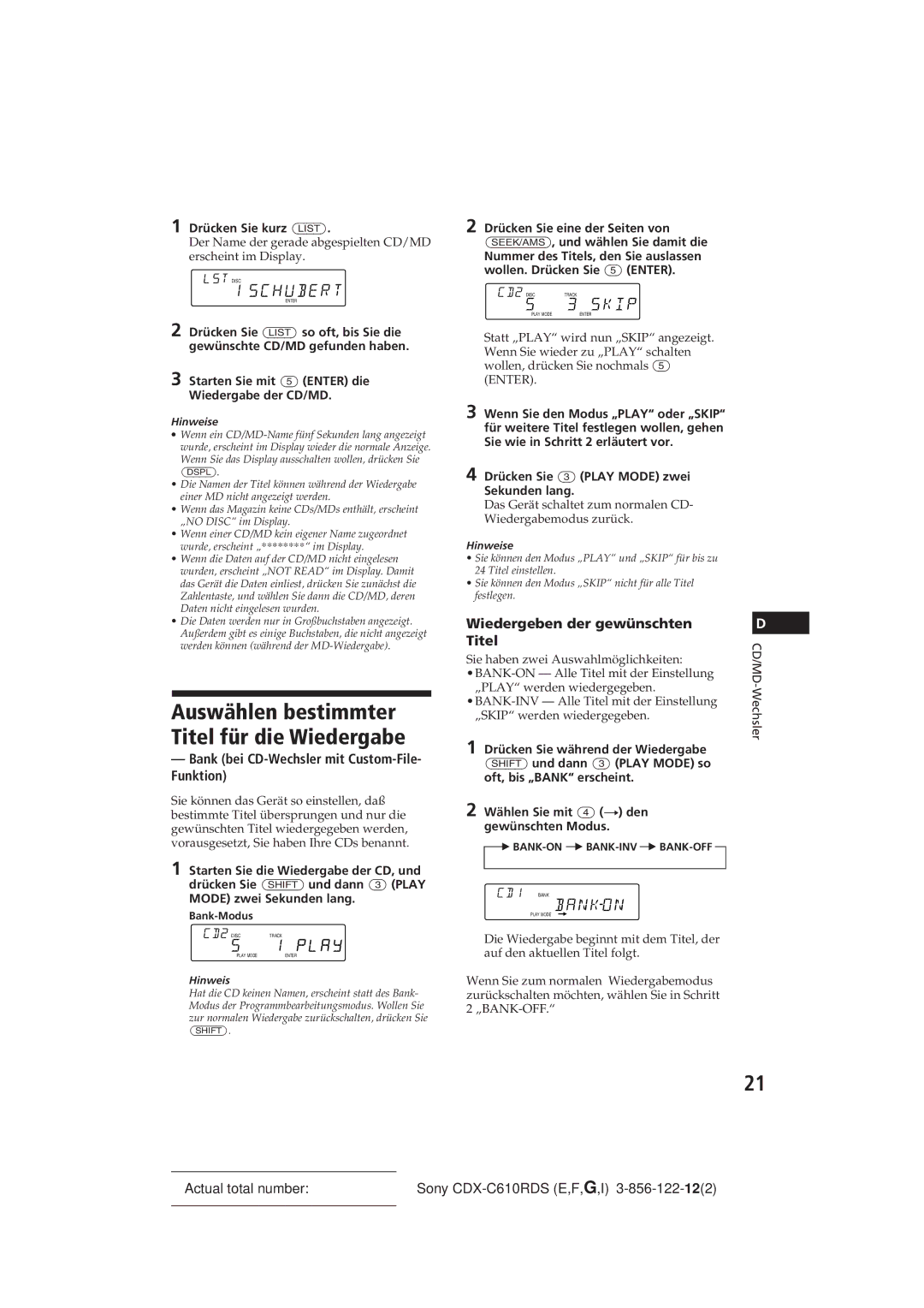 Sony CDX-C610RDS manual Auswählen bestimmter Titel für die Wiedergabe, Bank bei CD-Wechsler mit Custom-File- Funktion 