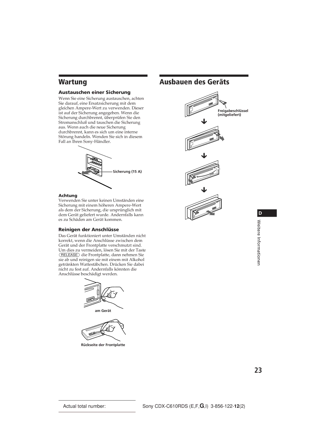 Sony CDX-C610RDS manual Wartung, Ausbauen des Geräts, Austauschen einer Sicherung, Reinigen der Anschlüsse, Achtung 