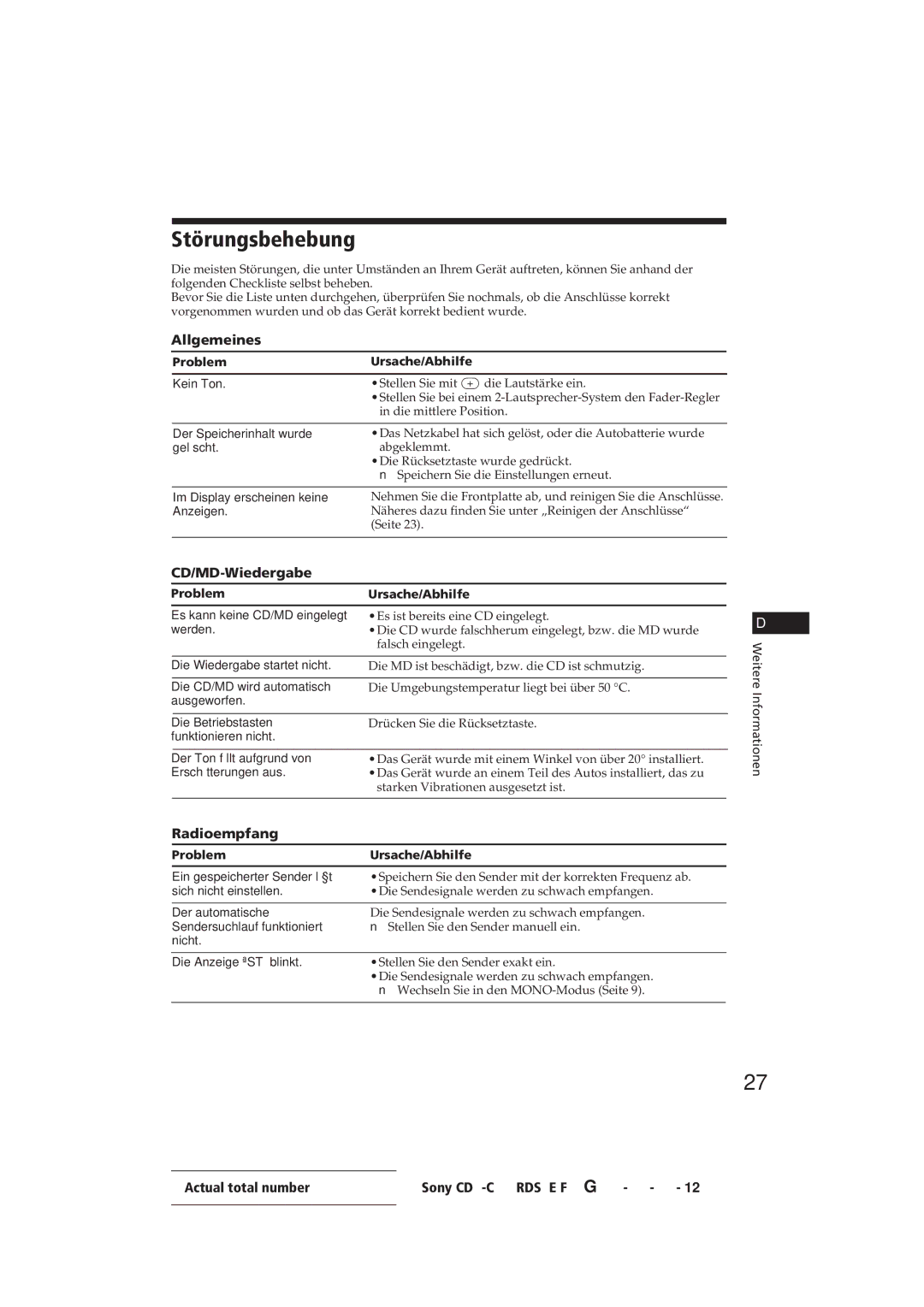 Sony CDX-C610RDS manual Störungsbehebung, CD/MD-Wiedergabe, Radioempfang 