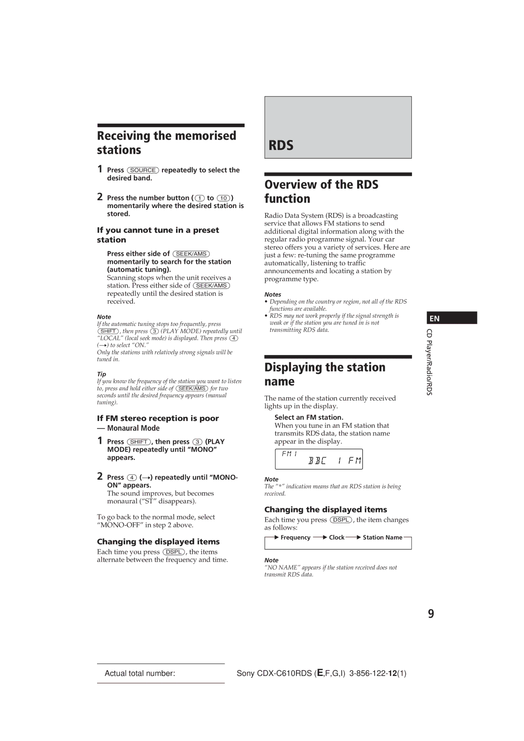 Sony CDX-C610RDS manual Receiving the memorised stations, Overview of the RDS function, Displaying the station, Name 