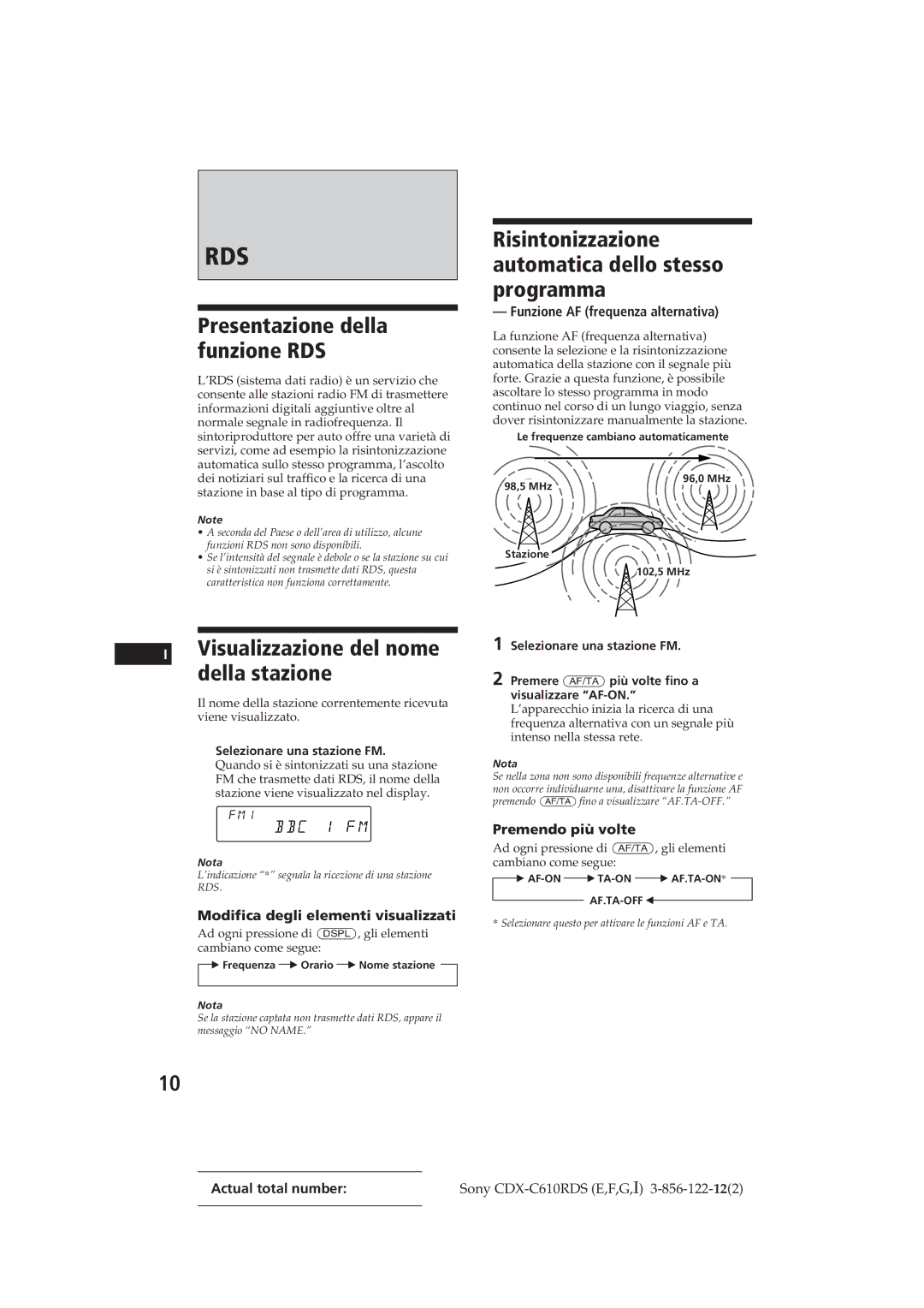 Sony CDX-C610RDS manual Risintonizzazione automatica dello stesso programma, Visualizzazione del nome della stazione 