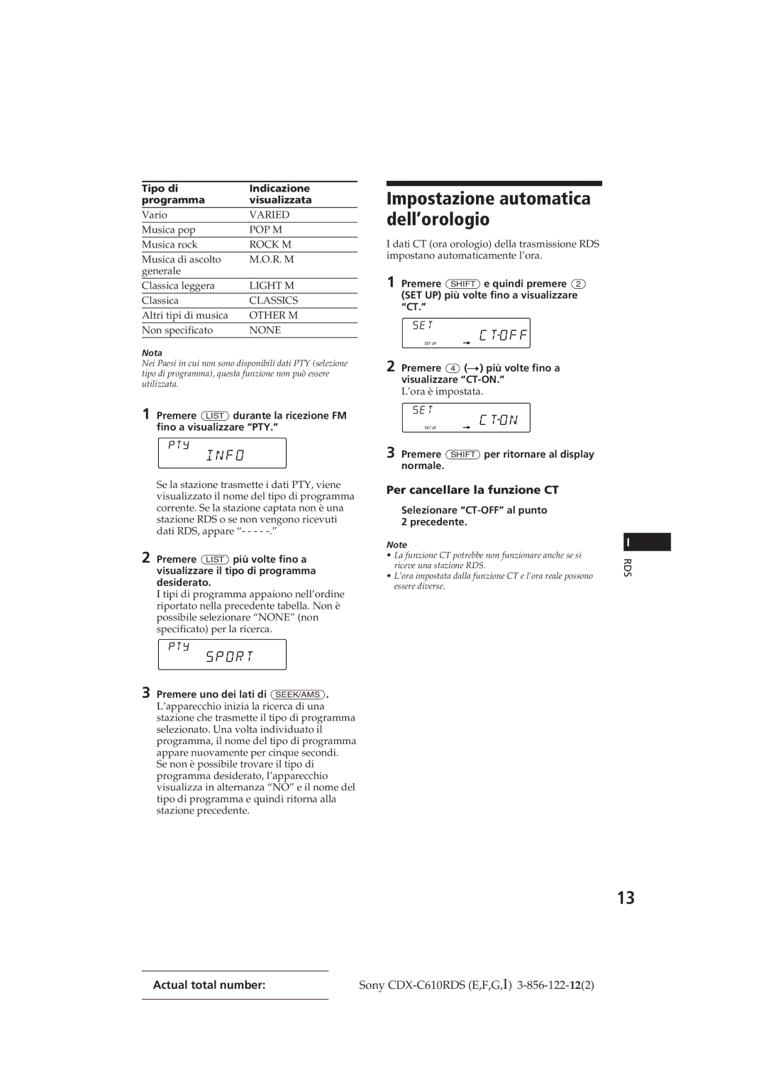 Sony CDX-C610RDS manual Impostazione automatica dell’orologio, Per cancellare la funzione CT 