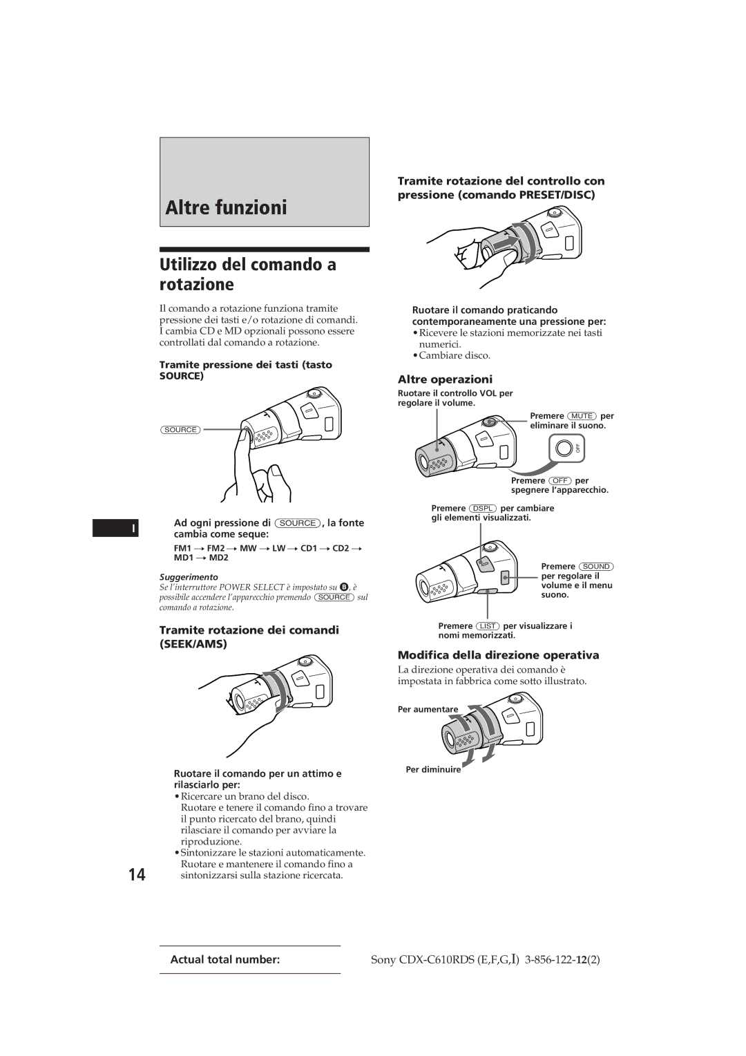 Sony CDX-C610RDS manual Altre funzioni, Utilizzo del comando a rotazione, Tramite rotazione dei comandi SEEK/AMS 