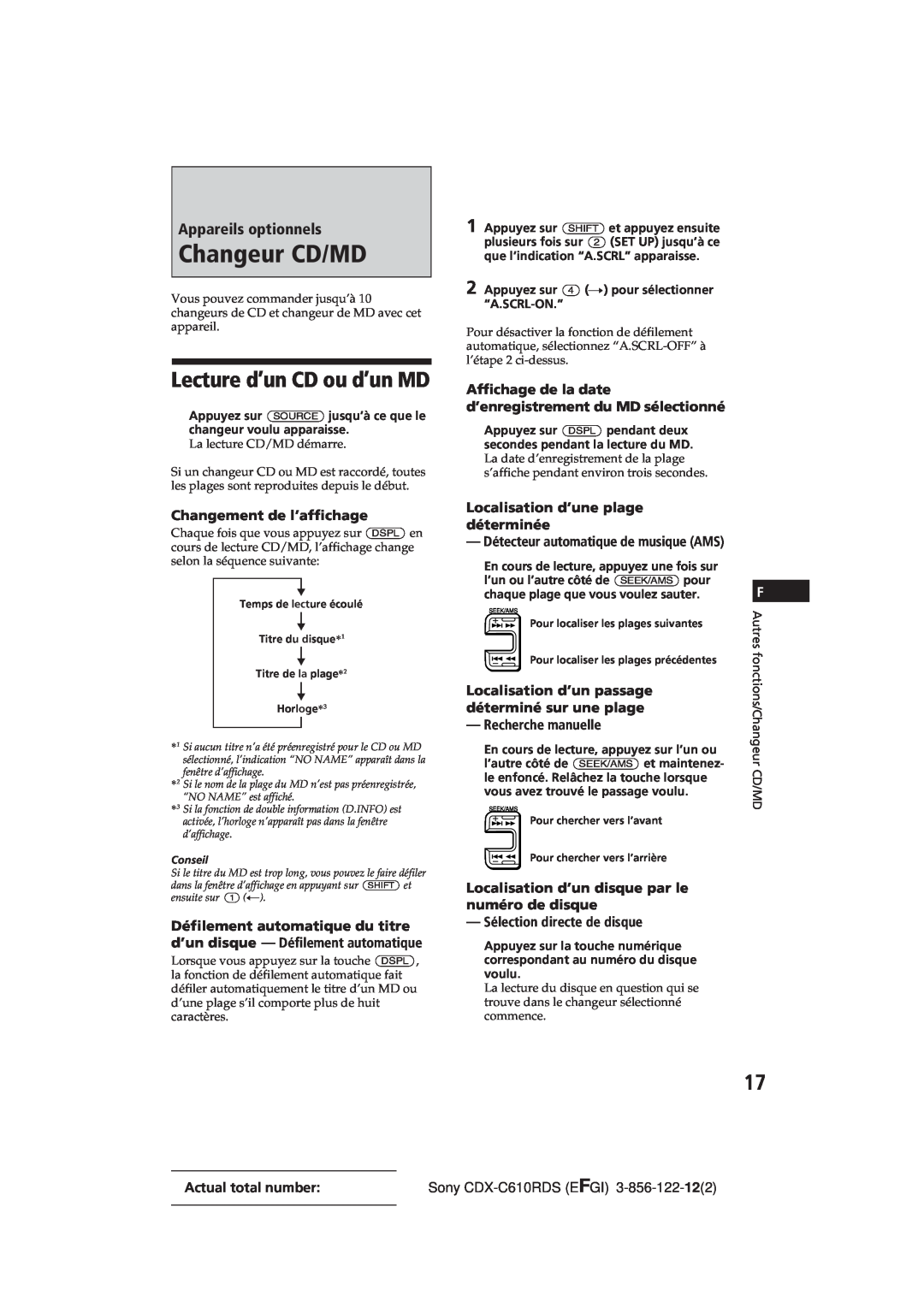 Sony CDX-C610RDS manual Changeur CD/MD, Lecture d’un CD ou d’un MD, Appareils optionnels, Changement de l’affichage 