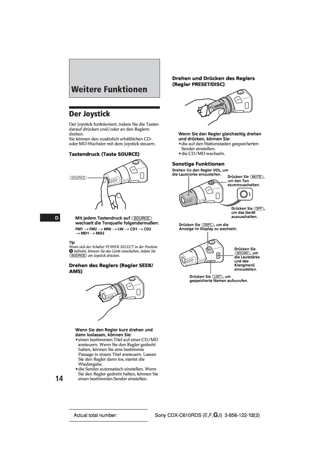 Sony CDX-C610RDS manual Weitere Funktionen, Der Joystick, Tastendruck Taste SOURCE, Drehen des Reglers Regler SEEK/ AMS 