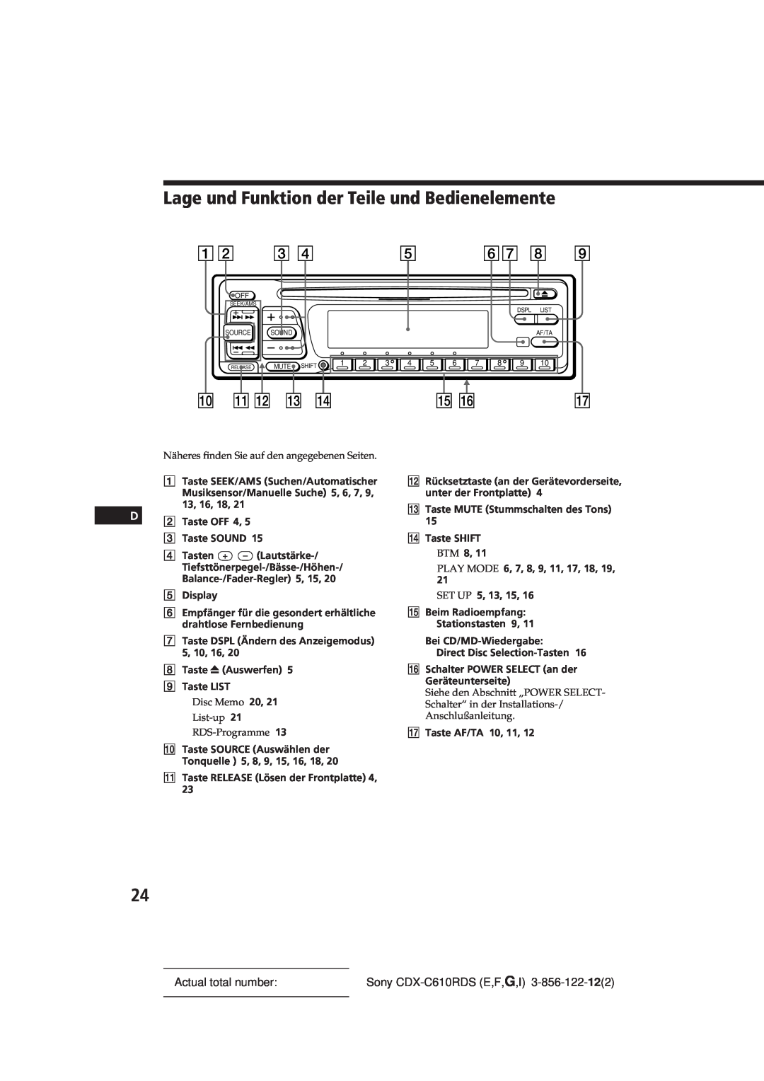 Sony manual Lage und Funktion der Teile und Bedienelemente, Actual total number, Sony CDX-C610RDSE,F,G,I 
