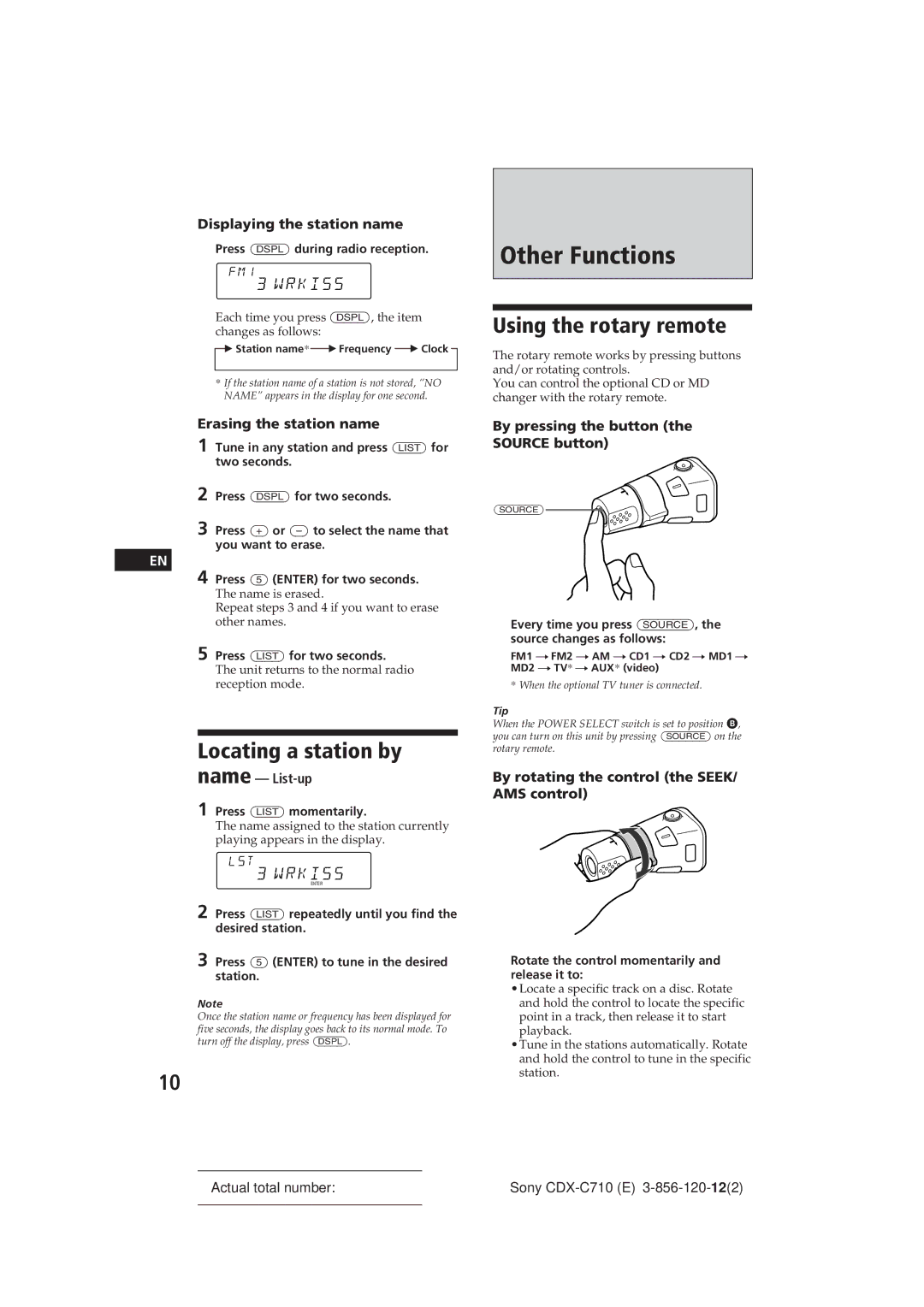 Sony CDX-C710 manual Other Functions, Locating a station by, Using the rotary remote, Wrkiss 