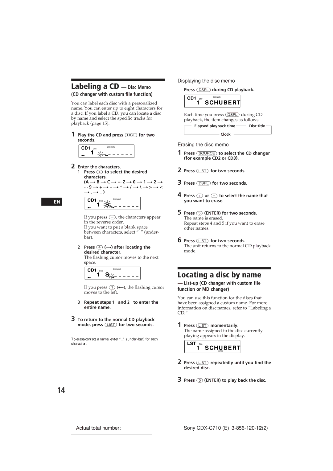 Sony CDX-C710 manual Labeling a CD Disc Memo, Locating a disc by name, Schubert 