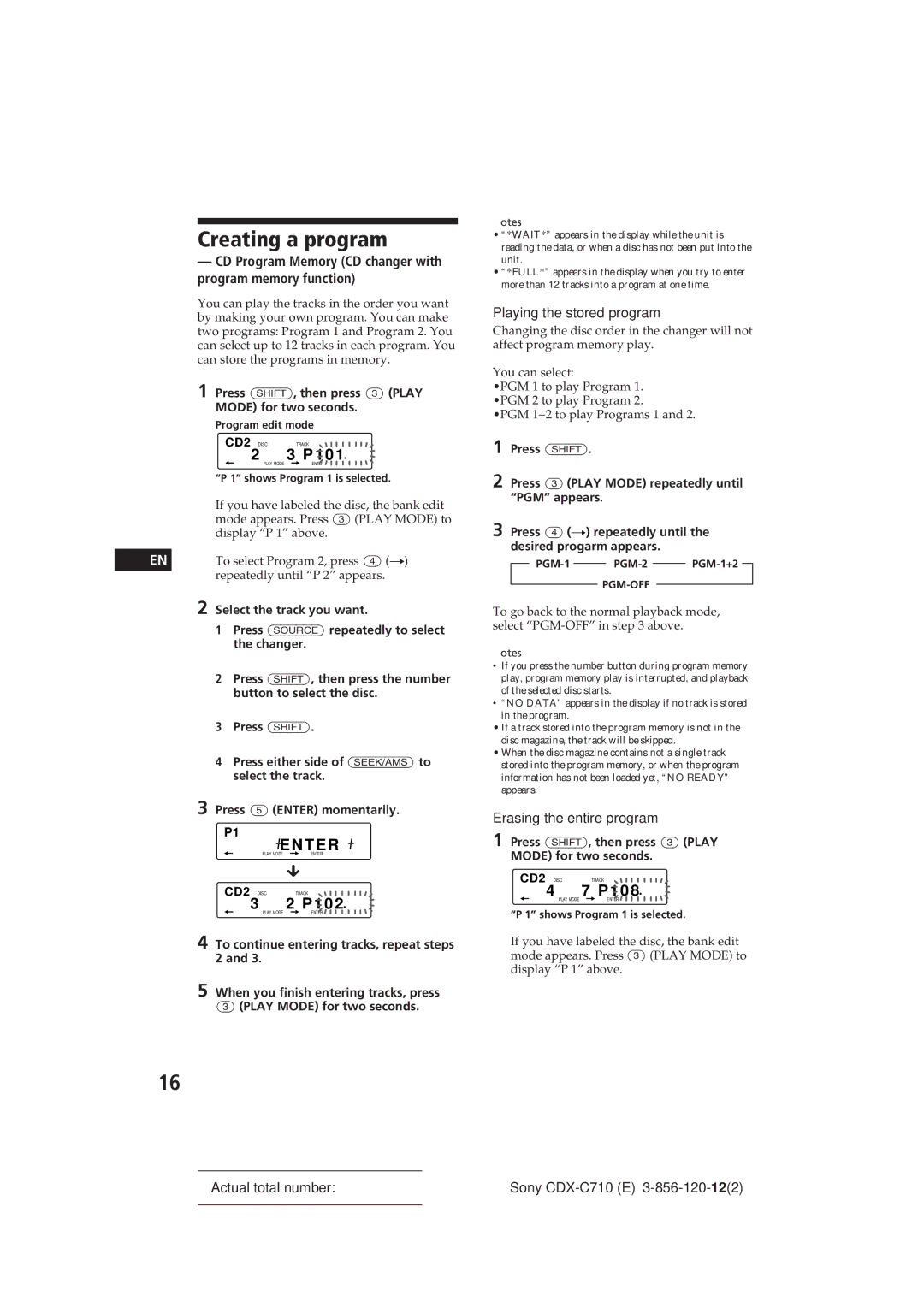 Sony CDX-C710 manual Creating a program, CD Program Memory CD changer with program memory function 