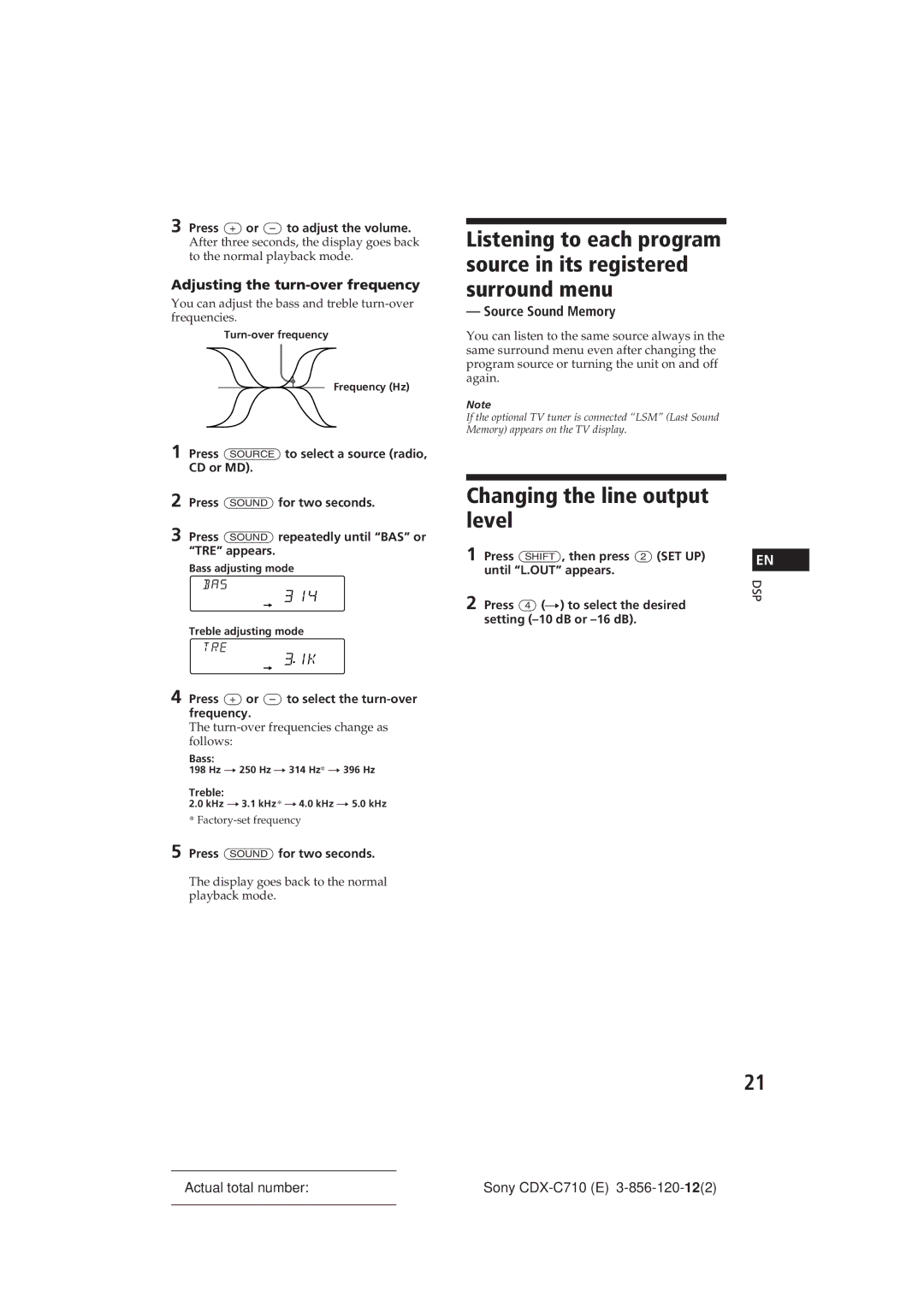 Sony CDX-C710 manual Changing the line output level, 314, 31K, Adjusting the turn-over frequency, Source Sound Memory 