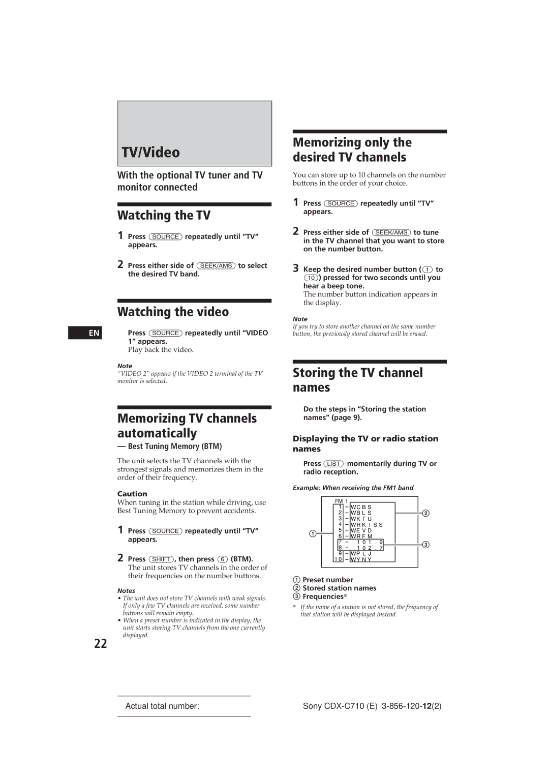 Sony CDX-C710 manual TV/Video, Watching the TV, Storing the TV channel names, Displaying the TV or radio station names 