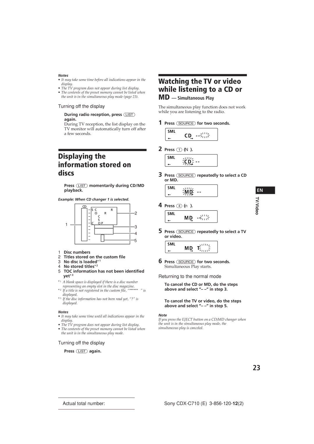 Sony CDX-C710 manual Displaying the information stored on discs, Eq Sml Cd, Md Tv 