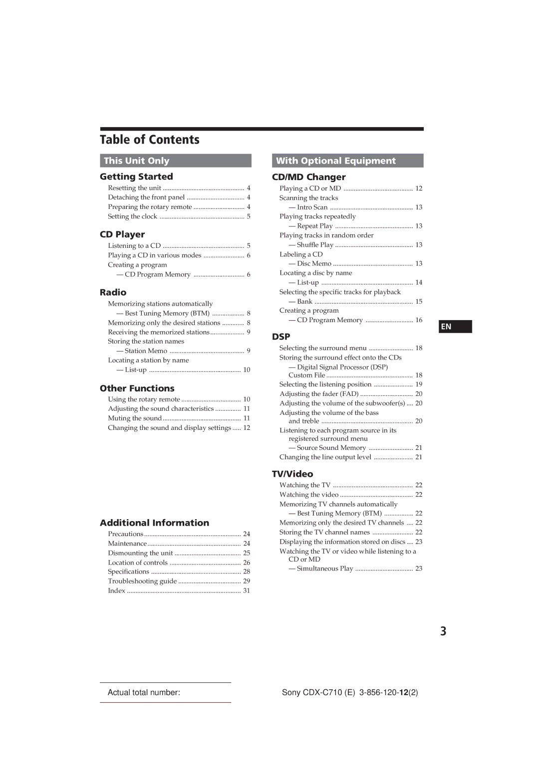 Sony CDX-C710 manual Table of Contents 