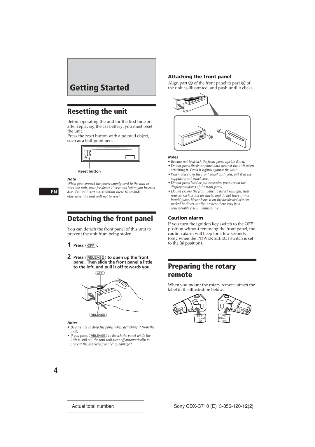 Sony CDX-C710 manual Getting Started, Resetting the unit, Detaching the front panel, Preparing the rotary remote 