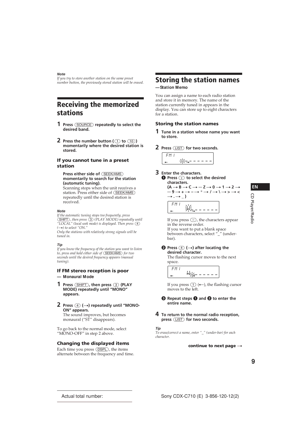 Sony CDX-C710 manual Receiving the memorized stations, Storing the station names 