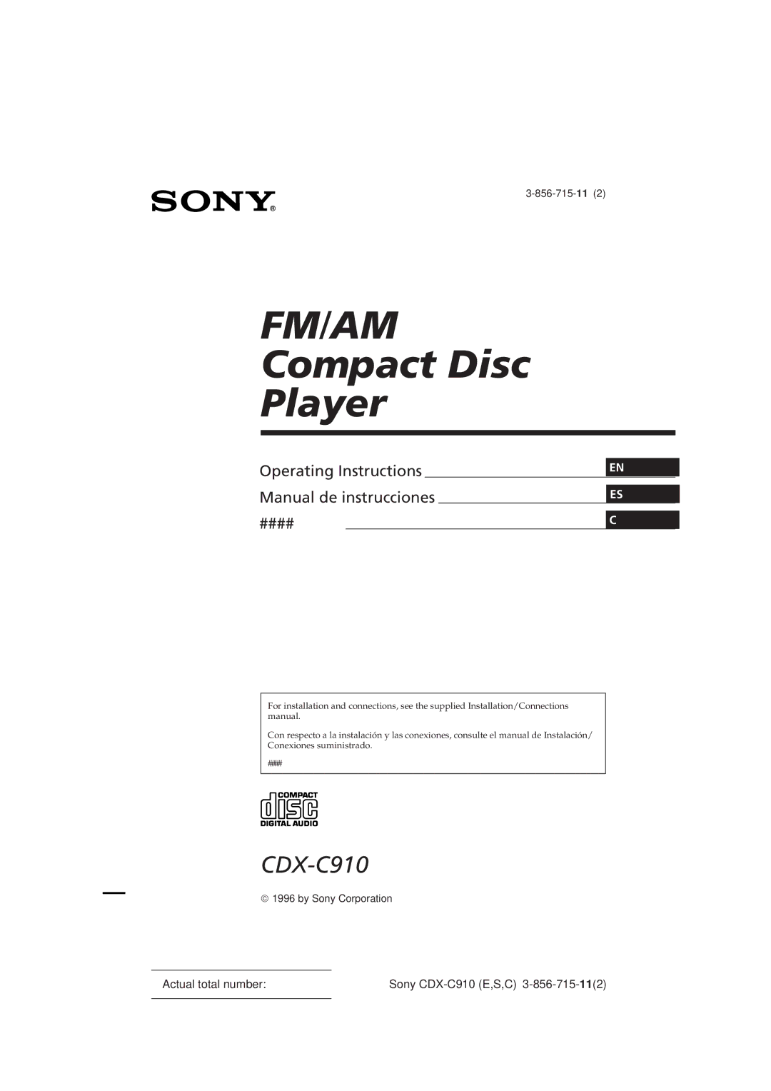 Sony CDX-C910 manual Fm/Am 