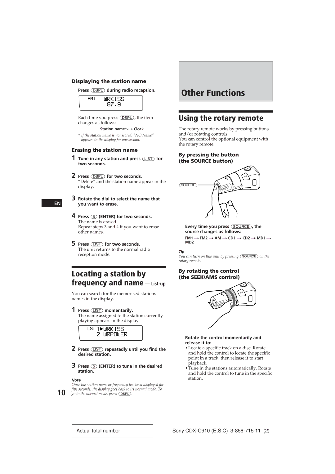 Sony CDX-C910 manual Other Functions, Using the rotary remote, Locating a station by frequency and name List-up 