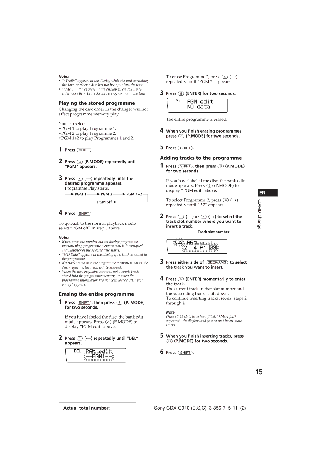 Sony CDX-C910 manual DEL PGM edit --PGM1, No data, Press Shift Press 3 P.MODE repeatedly until 