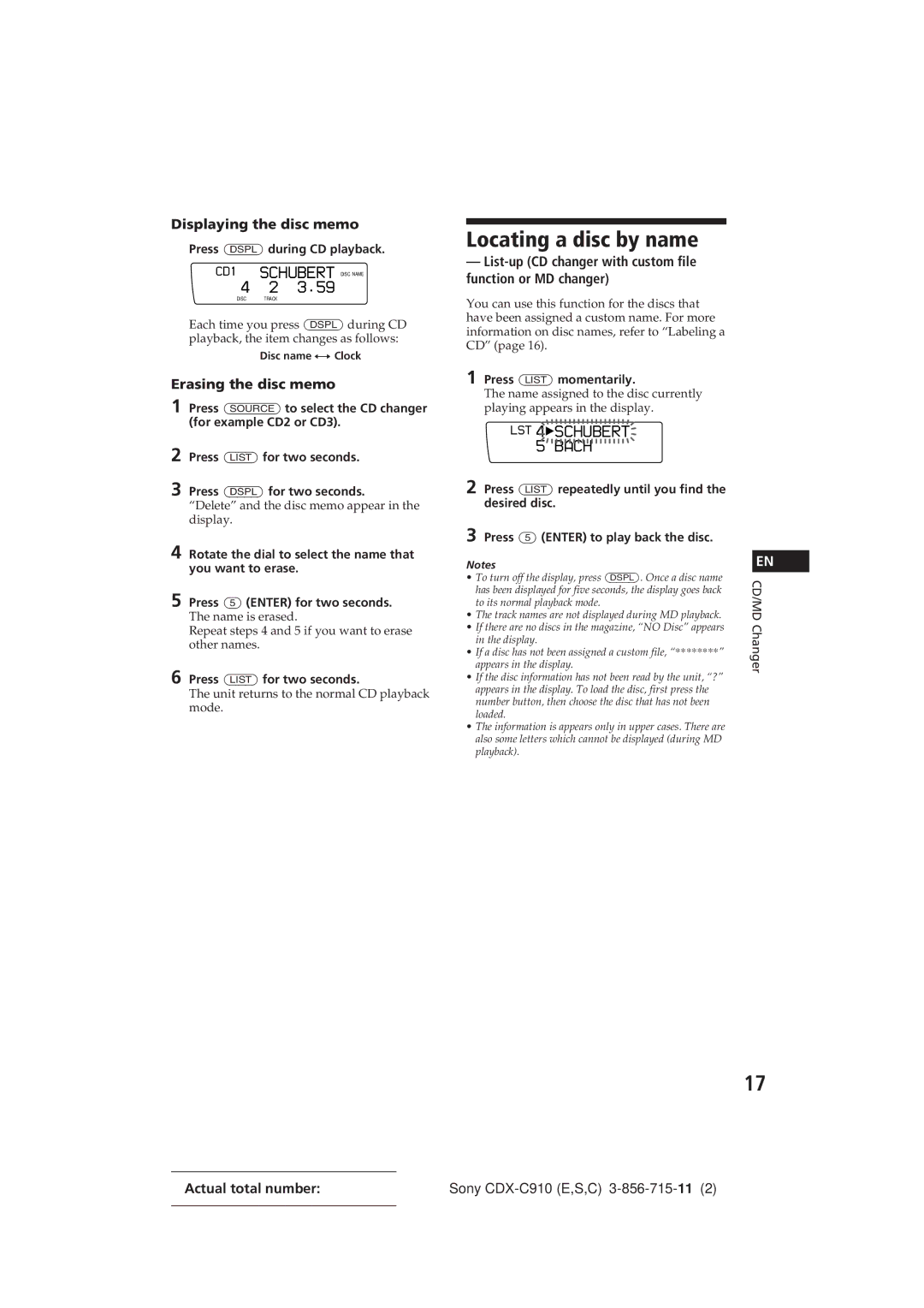 Sony CDX-C910 Locating a disc by name, Displaying the disc memo, Erasing the disc memo, Press Dspl during CD playback 