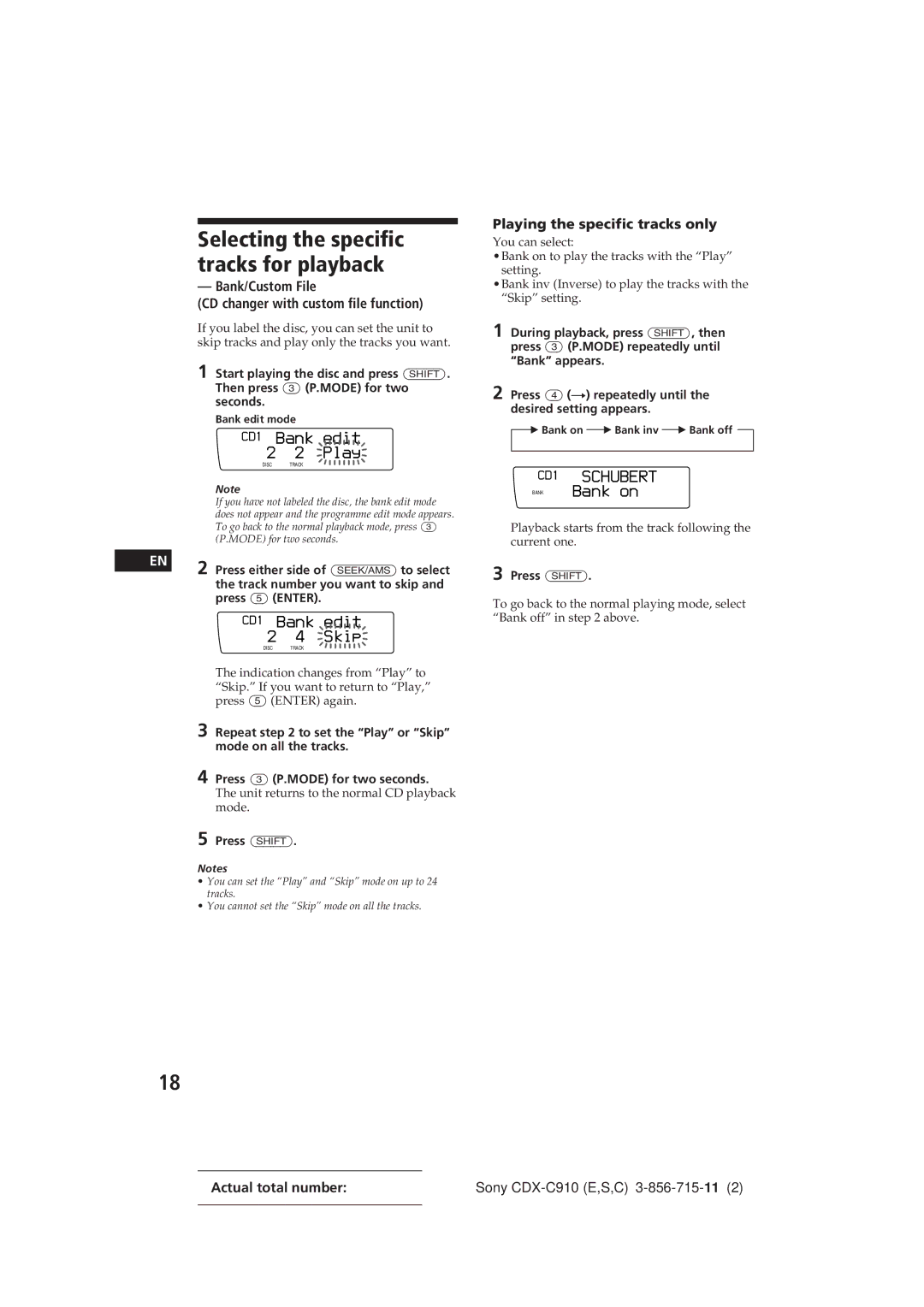 Sony CDX-C910 manual Selecting the specific tracks for playback, Play, Bank Edit Skip, Bank on 