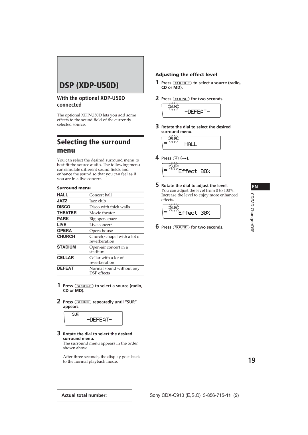 Sony CDX-C910 manual Selecting the surround menu, Effect 8â%, Effect 3â%, Adjusting the effect level 