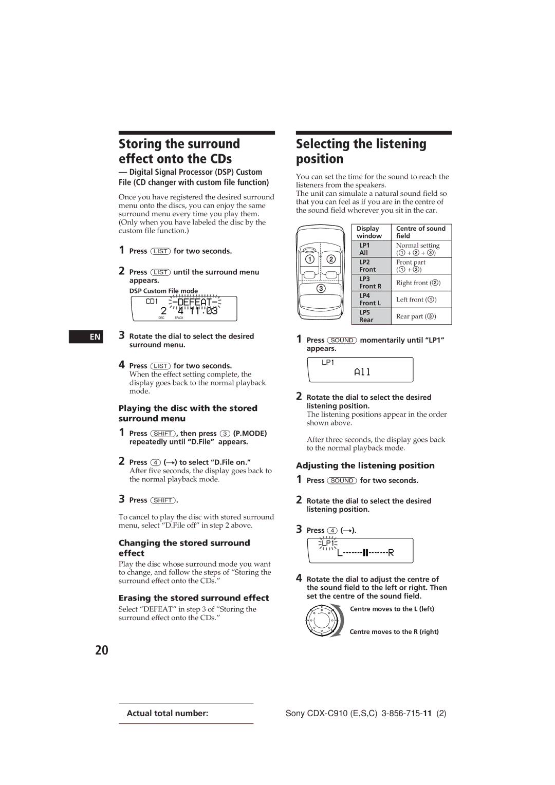 Sony CDX-C910 manual Selecting the listening position, Storing the surround effect onto the CDs, 11.â3, All 