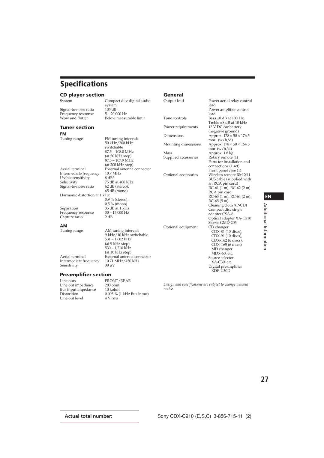 Sony CDX-C910 manual Specifications, CD player section, Tuner section, Preamplifier section, General 