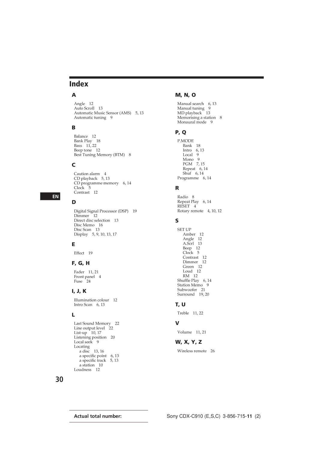 Sony CDX-C910 manual Index, Set Up 