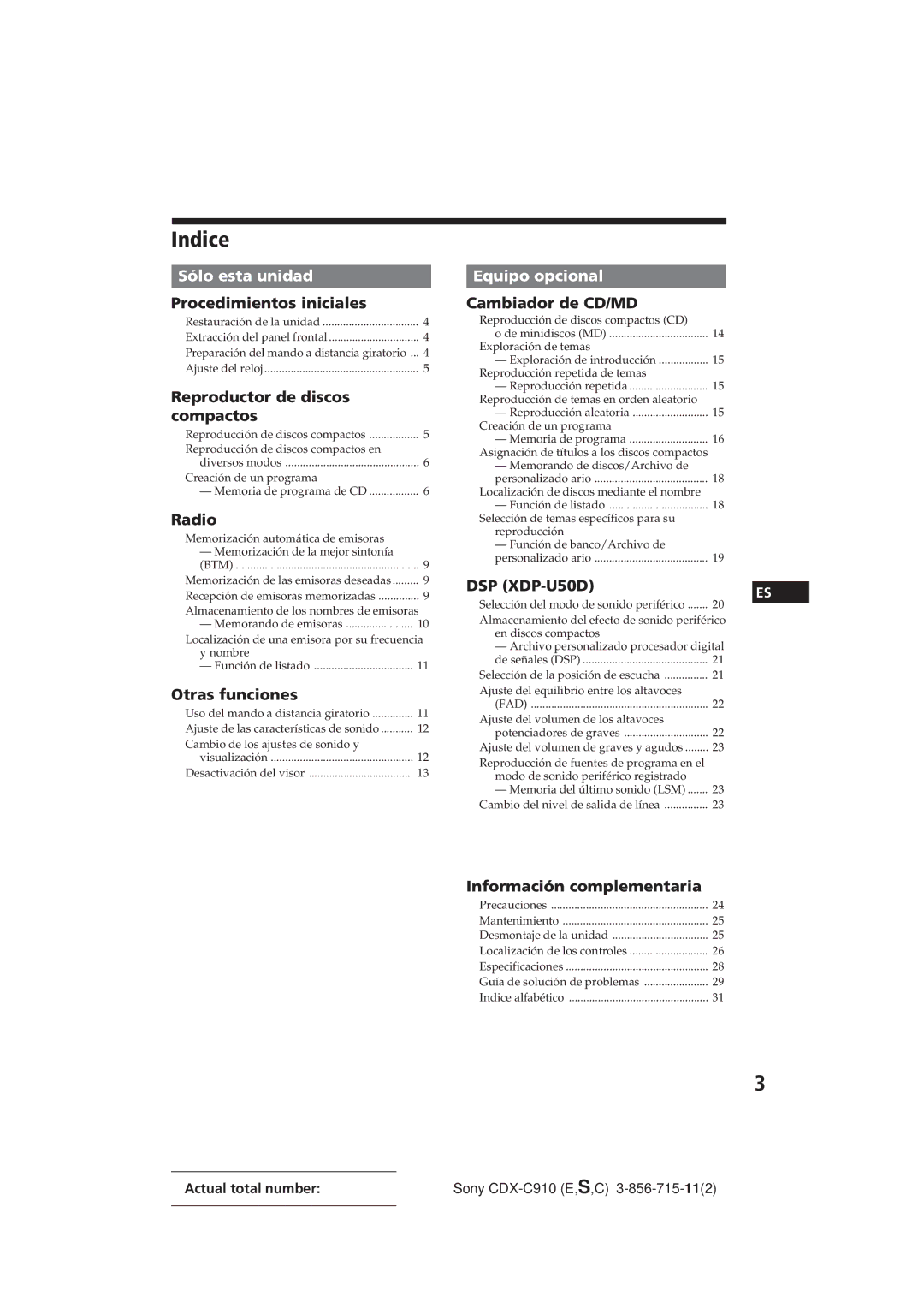 Sony CDX-C910 manual Indice, Sólo esta unidad 