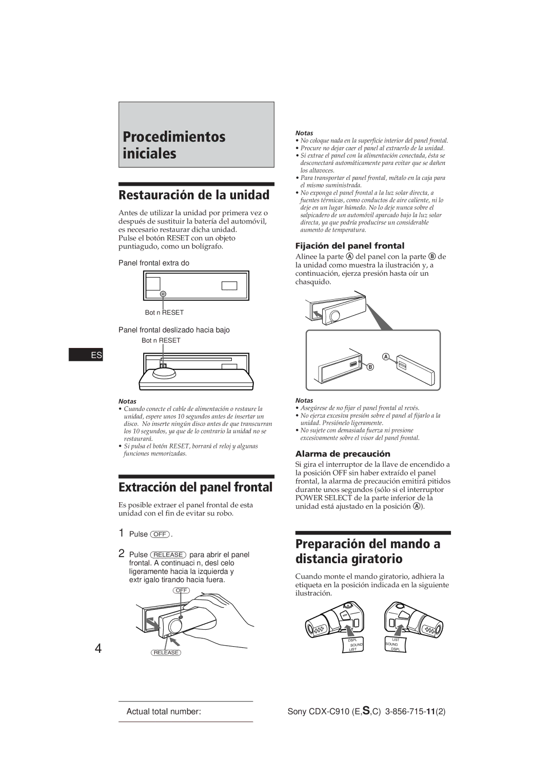 Sony CDX-C910 Restauración de la unidad, Extracción del panel frontal, Fijación del panel frontal, Alarma de precaución 