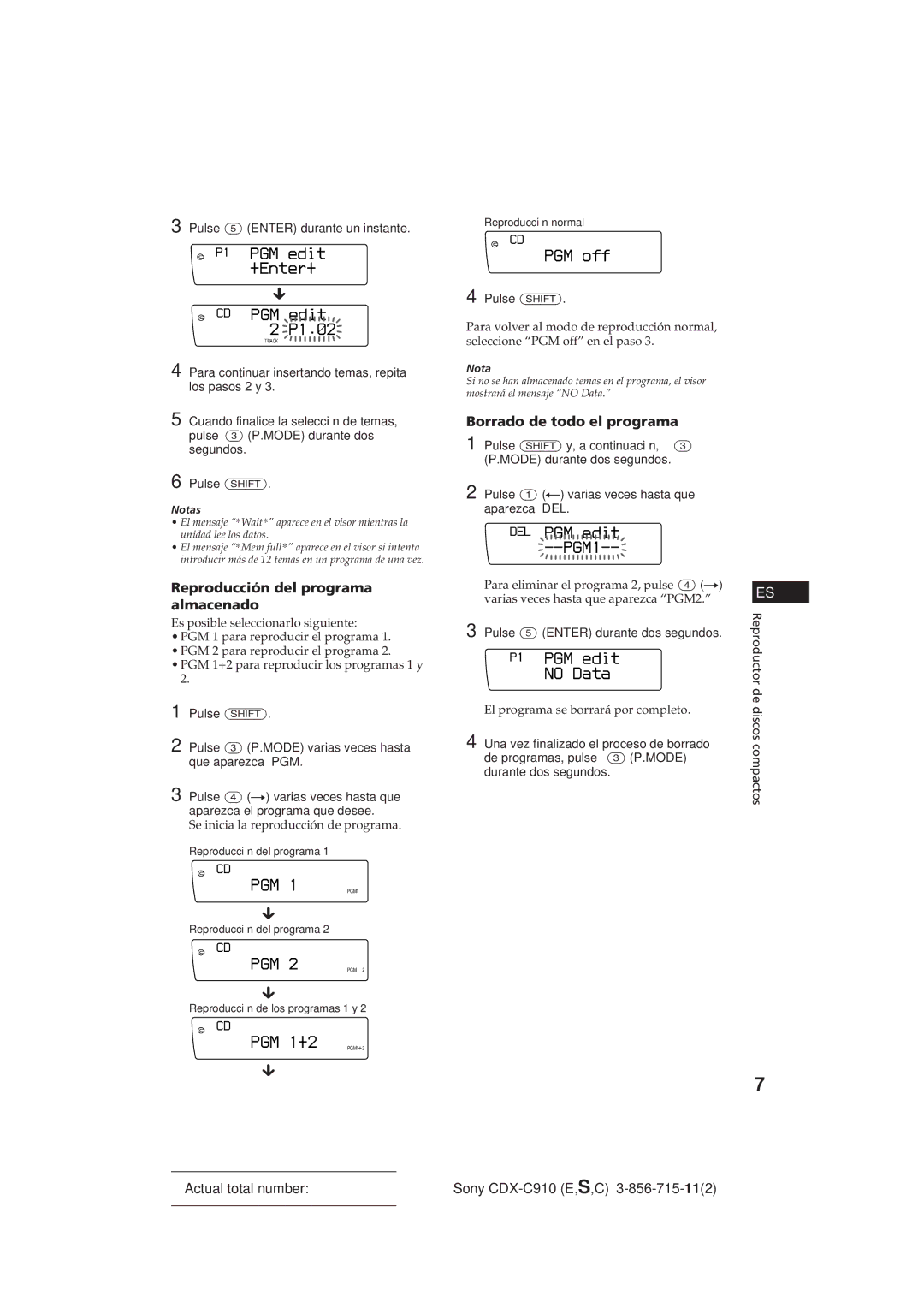 Sony CDX-C910 manual P1 PGM edit +Enter+, PGM off, Reproducción del programa almacenado, Borrado de todo el programa 