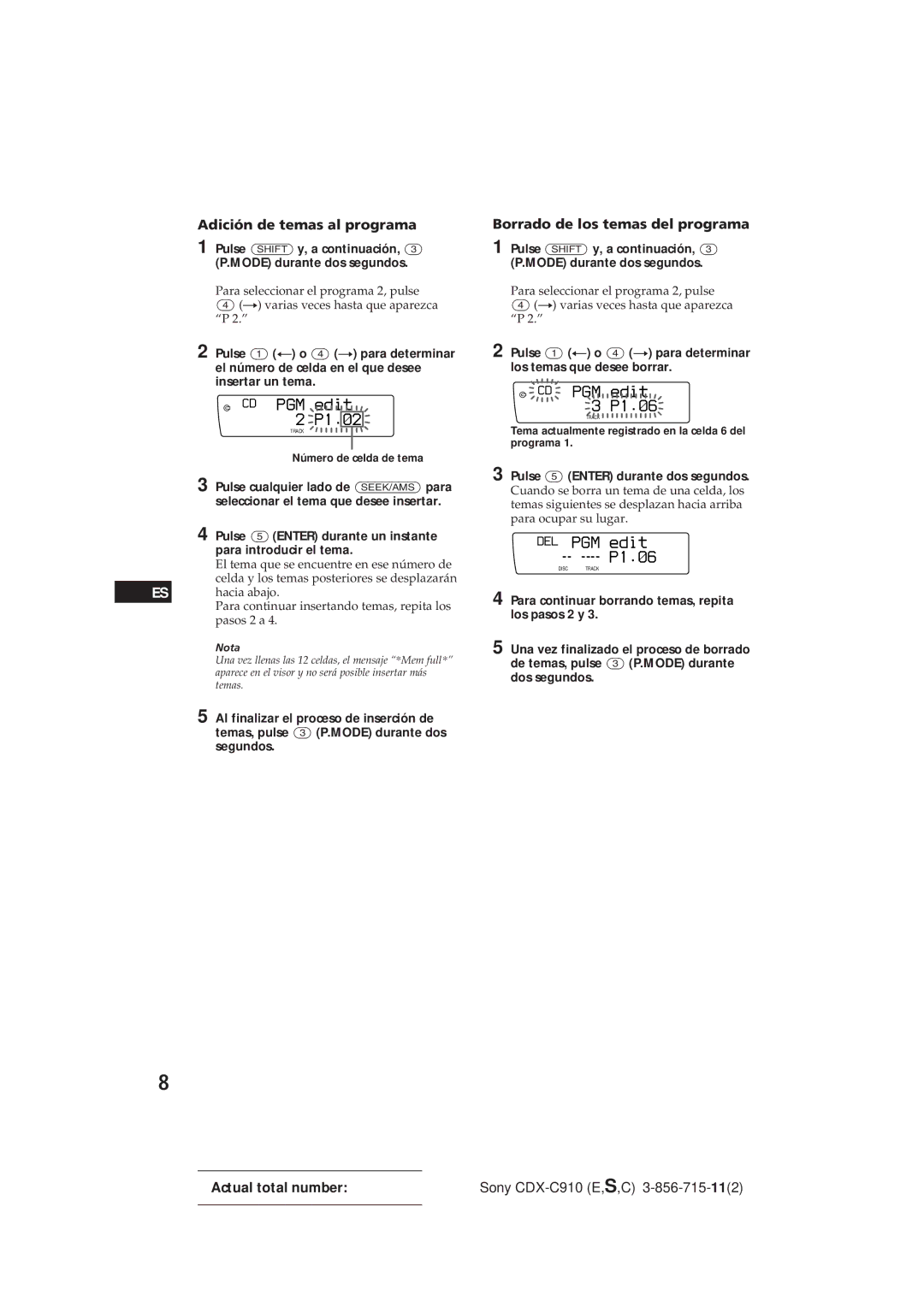 Sony CDX-C910 manual CD PGM edit, Borrado de los temas del programa 