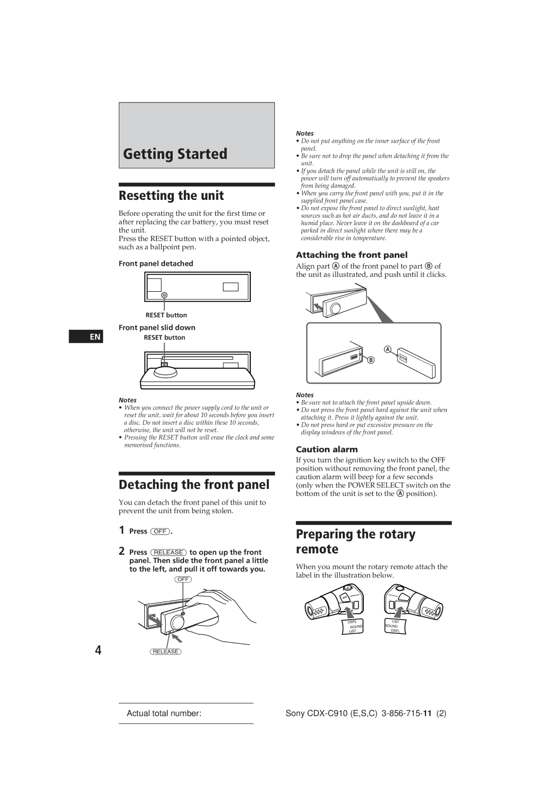 Sony CDX-C910 manual Getting Started, Resetting the unit, Detaching the front panel, Preparing the rotary remote 