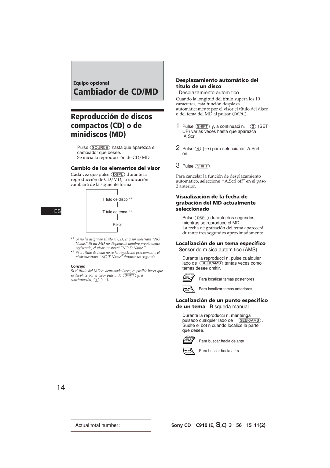 Sony CDX-C910 manual Cambiador de CD/MD, Equipo opcional, Cambio de los elementos del visor 