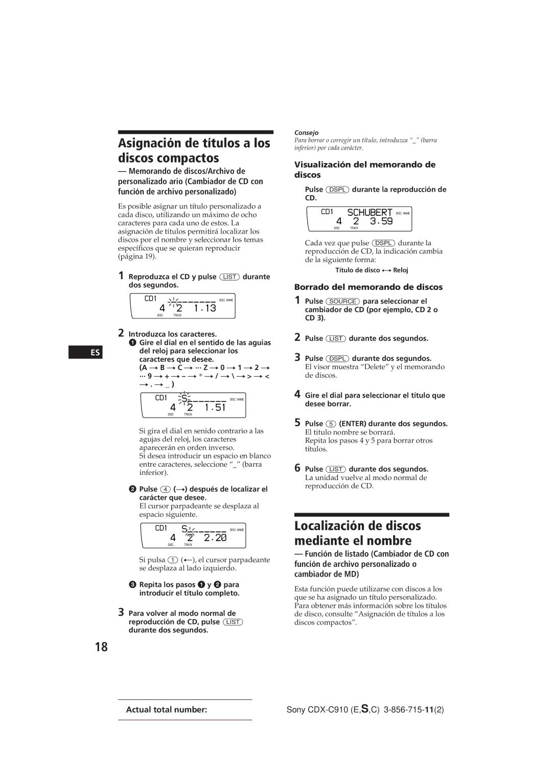 Sony CDX-C910 manual Asignación de títulos a los discos compactos, Localización de discos mediante el nombre 