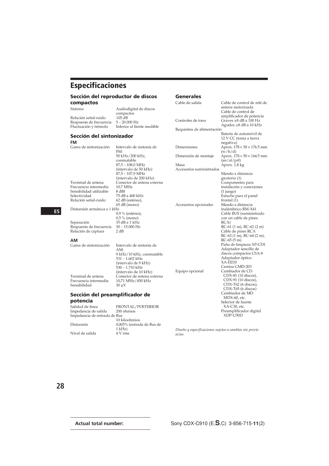 Sony CDX-C910 manual Especificaciones 