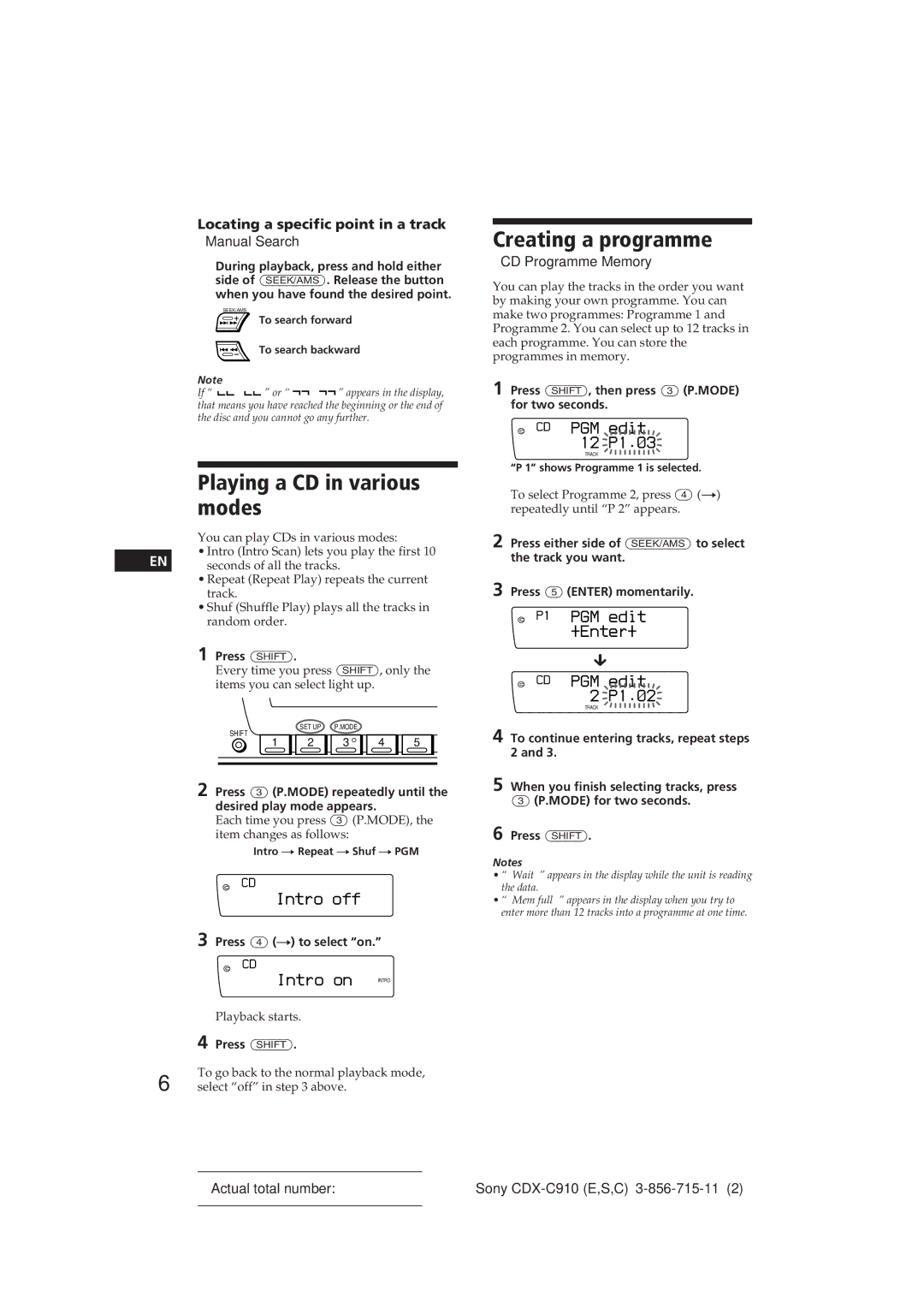 Sony CDX-C910 manual Playing a CD in various modes, Creating a programme, +Enter+ 