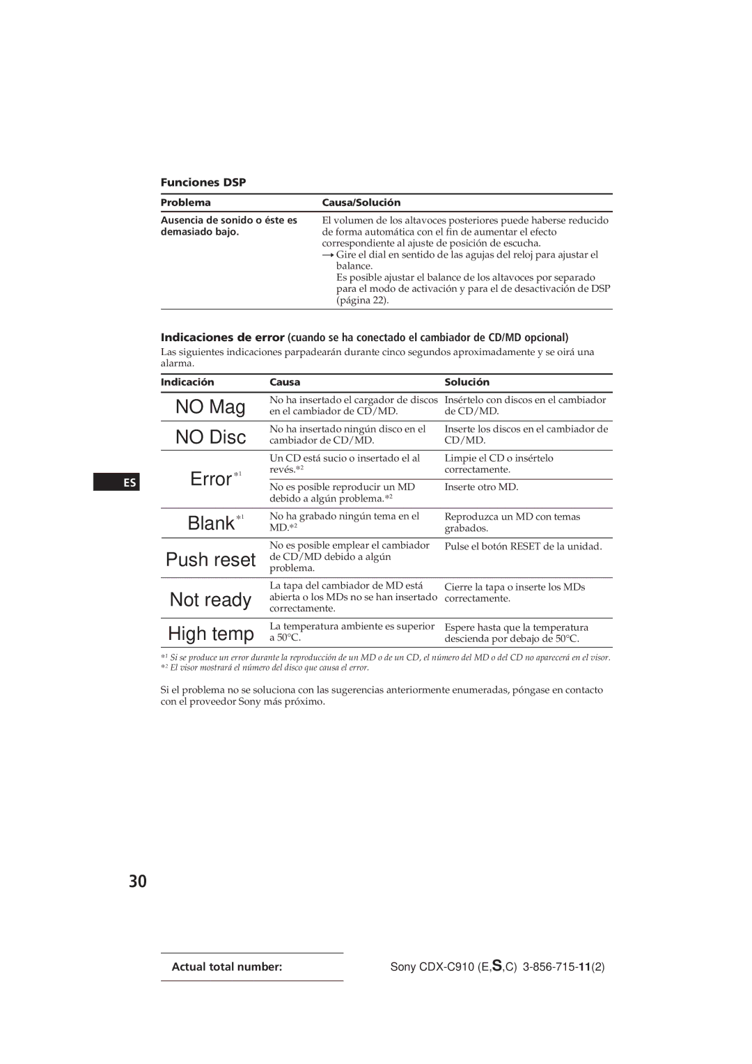 Sony CDX-C910 manual Funciones DSP, ProblemaCausa/Solución, Indicación Causa Solución 