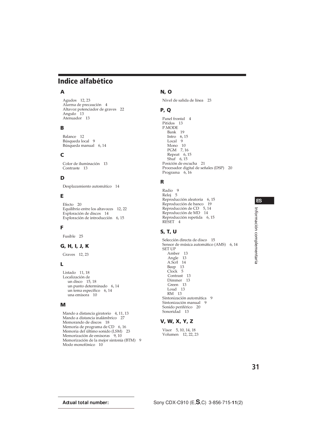 Sony CDX-C910 manual Indice alfabético, I, J, K 