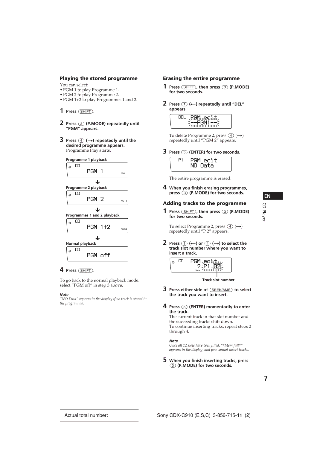 Sony CDX-C910 manual PGM 1+2, PGM off, DEL PGM edit, PGM1, No Data 