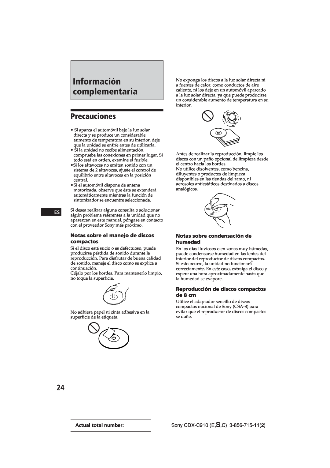 Sony CDX-C910 Información complementaria, Precauciones, Notas sobre el manejo de discos, compactos, Actual total number 