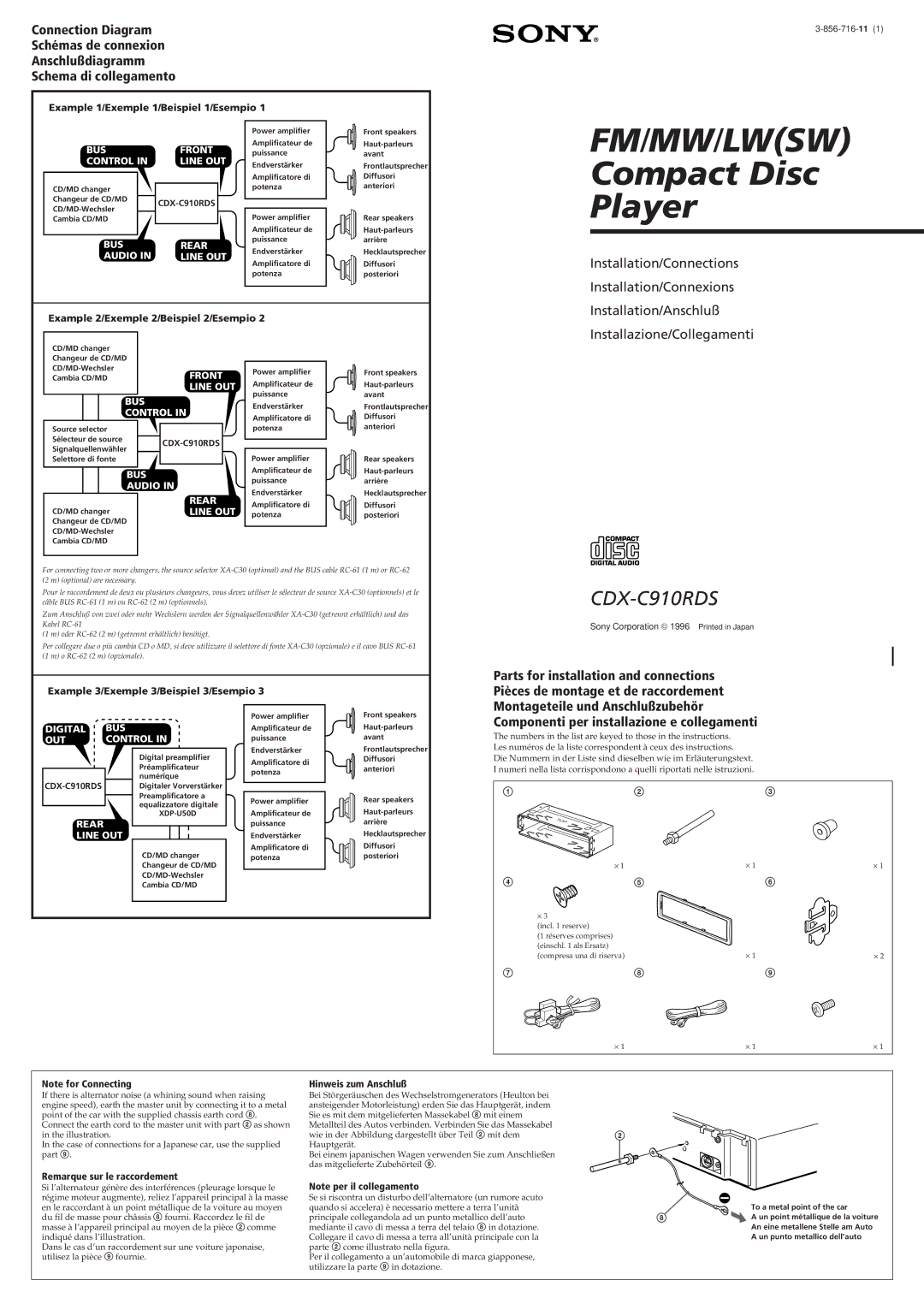 Sony CDX-C910RDS manual Componenti per installazione e collegamenti 