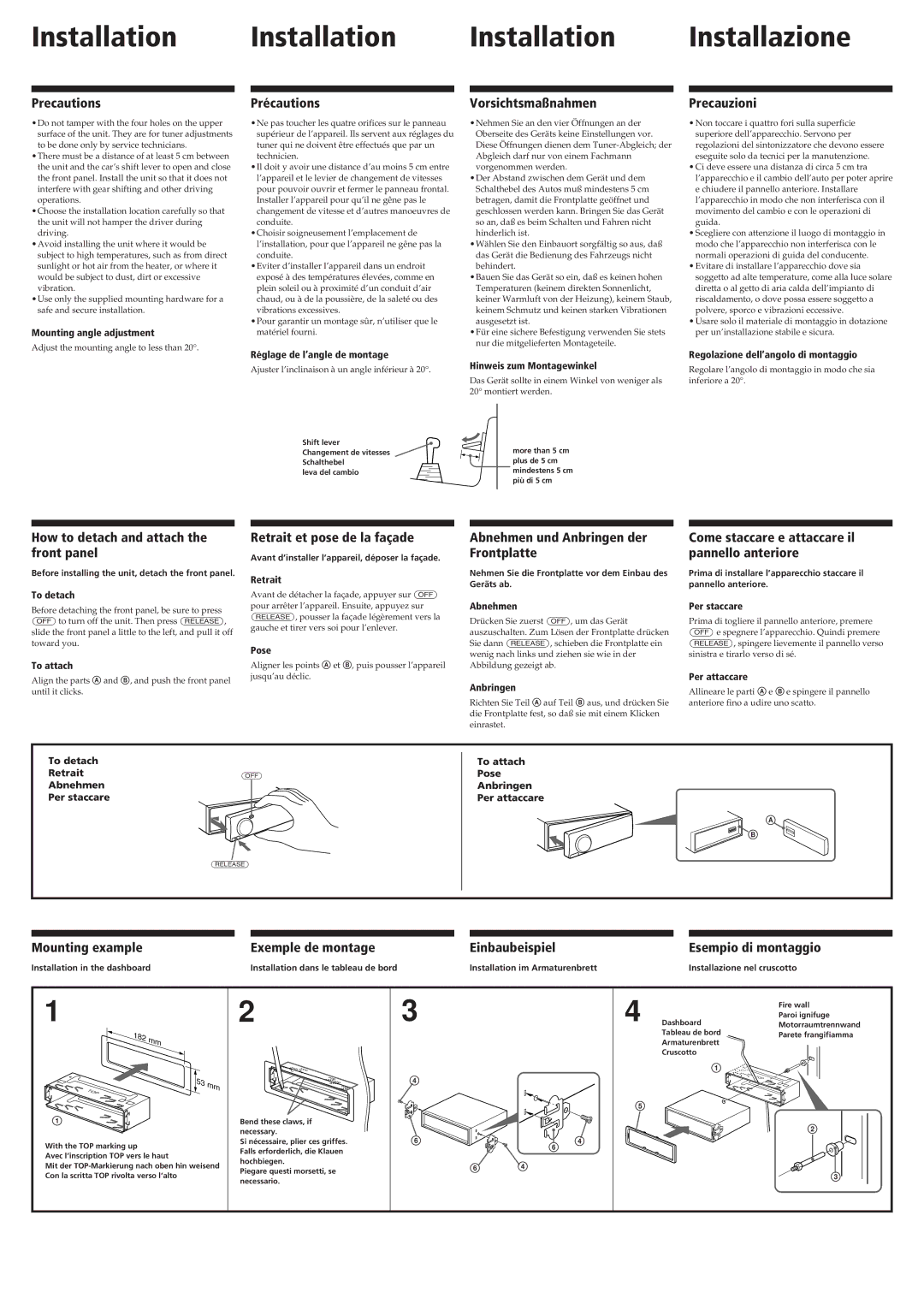 Sony CDX-C910RDS manual Precautions, Précautions, Vorsichtsmaßnahmen, Precauzioni, How to detach and attach the front panel 