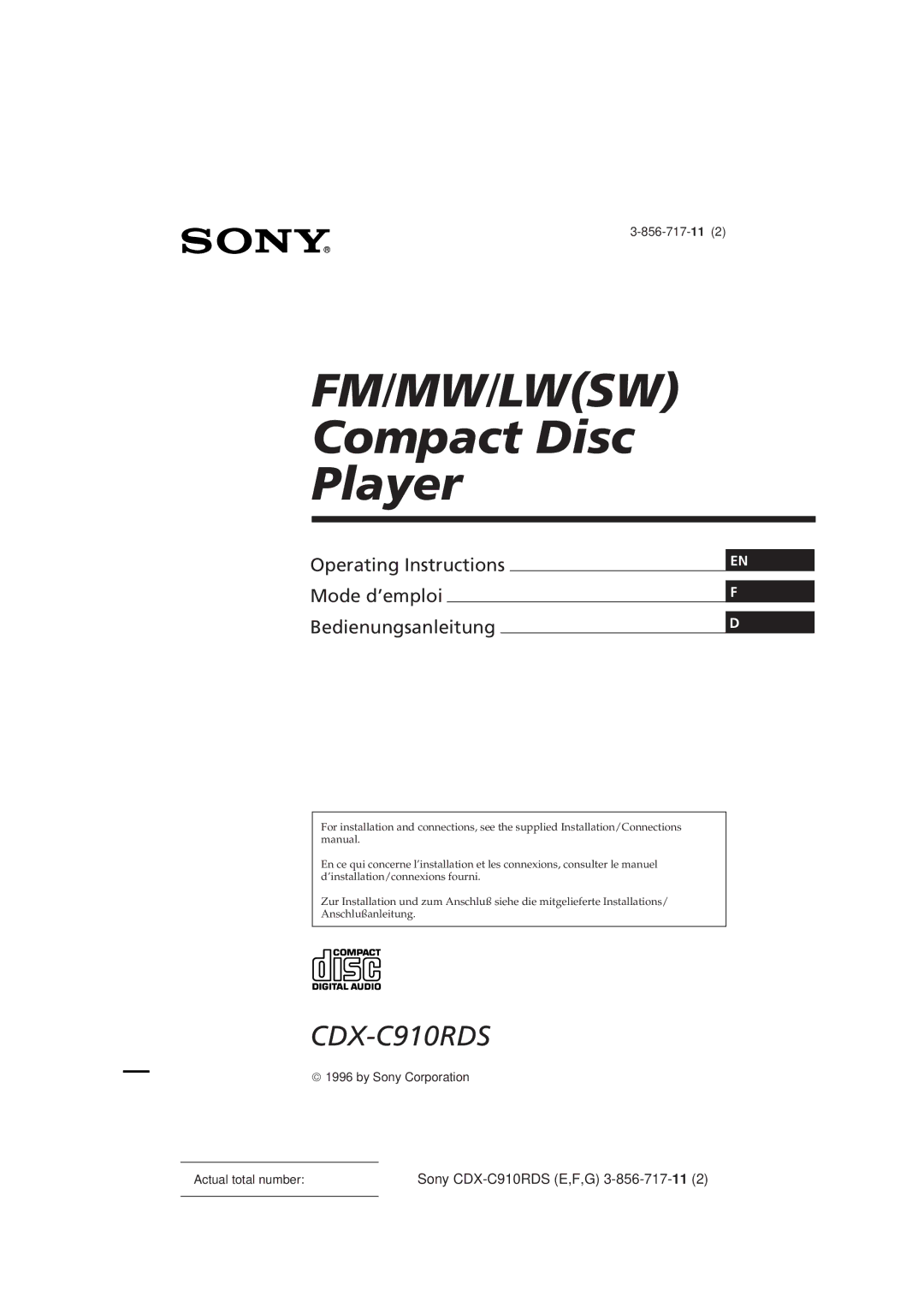 Sony CDX-C910RDS operating instructions Fm/Mw/Lwsw 