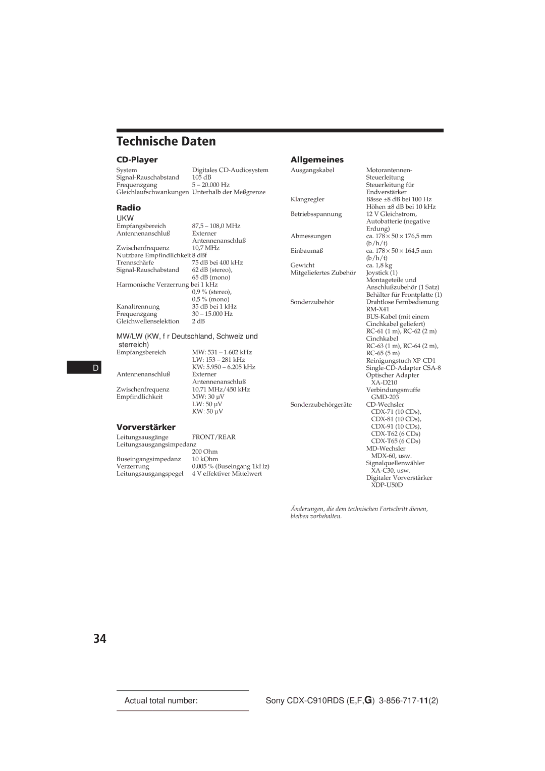 Sony CDX-C910RDS operating instructions Technische Daten, CD-Player, Vorverstärker, Allgemeines 