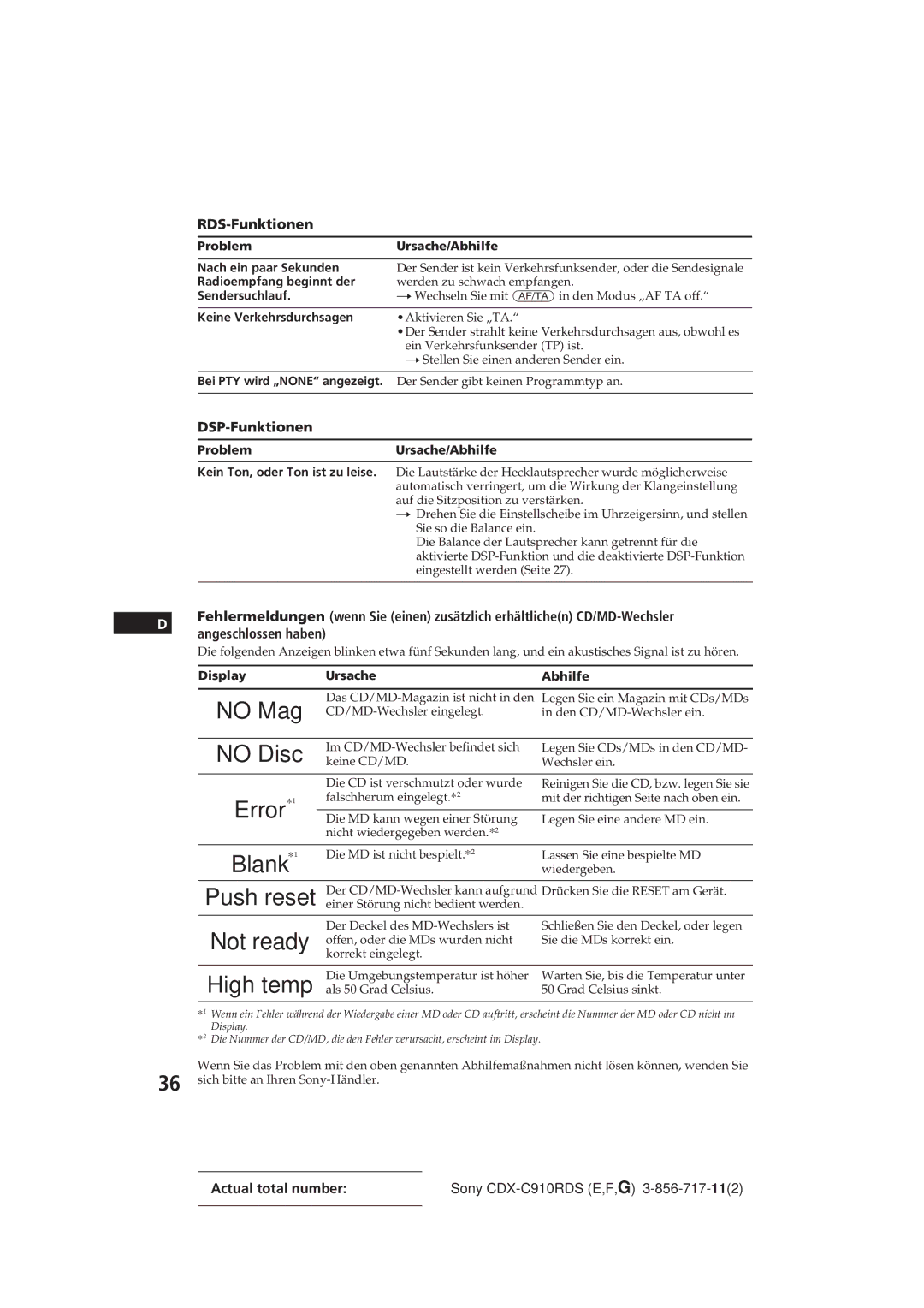 Sony CDX-C910RDS operating instructions RDS-Funktionen, DSP-Funktionen 